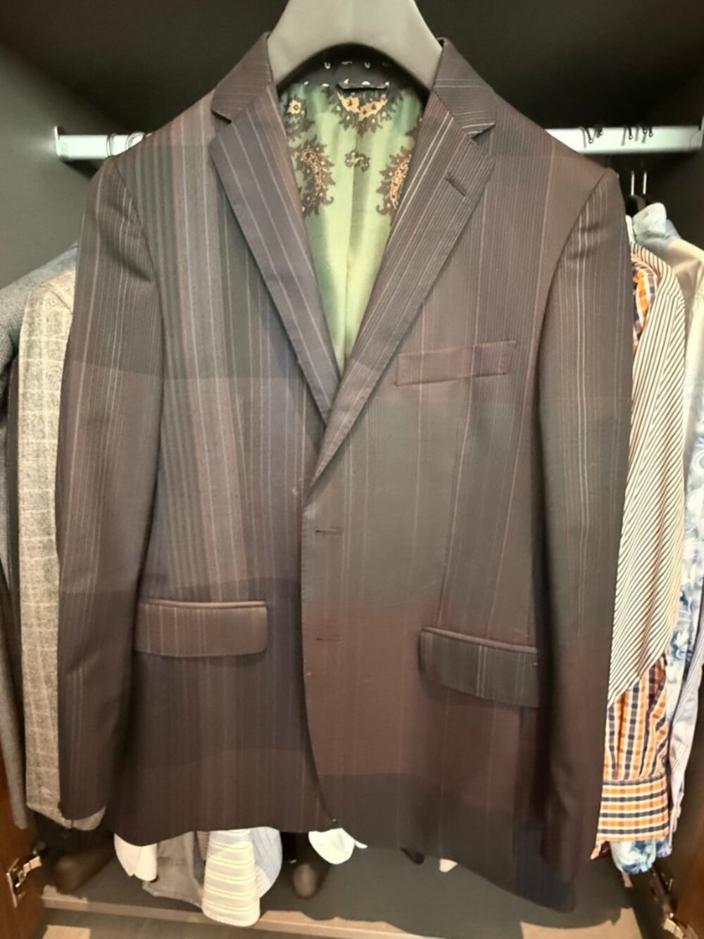 Etro Men's Dark Brown Pinstripe Wool Blazer – Silk Paisley Lining – EU 50 / US 4